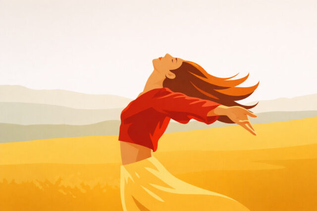 spring, woman, freedom, happiness, sunlight, nature, field, golden, beautiful wallpaper, lifestyle, wellness, positive, energy, joy, open arms, wind, hair, red shirt, minimal, flat design, background, banner, seasonal, calm, ai generated