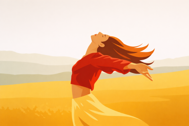 spring, woman, freedom, happiness, sunlight, nature, field, golden, beautiful wallpaper, lifestyle, wellness, positive, energy, joy, open arms, wind, hair, red shirt, minimal, flat design, background, banner, seasonal, calm, ai generated