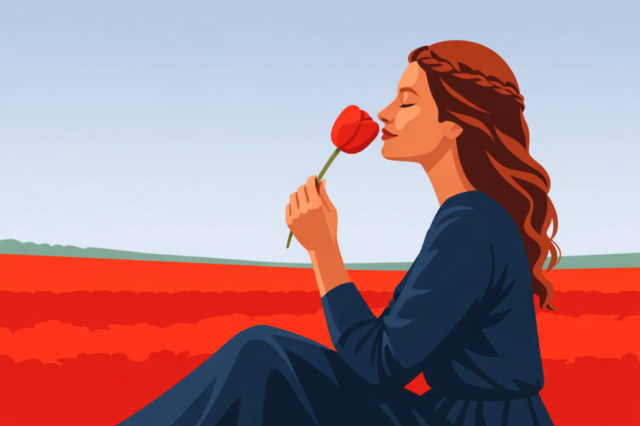 spring, tulip, woman, flower, beautiful flowers, minimal, minimalist, red tulip, floral, bloom, nature, field, feminine, lifestyle, flower wallpaper, wellness, beauty, calm, peaceful, modern, flower background, flat design, seasonal, romantic, aesthetic, poster, ai generated
