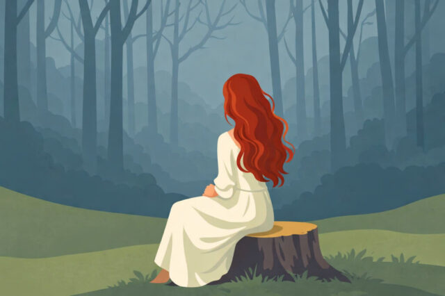 woman, forest, solitude, calm, mindfulness, peaceful, nature, meditation, relaxation, quiet, red hair, landscape, serenity, introspection, emotional, wellness, mental health, outdoor, minimal, lifestyle, tranquil, environment, stillness, mood, ai generated