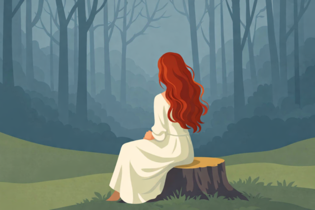 woman, forest, solitude, calm, mindfulness, peaceful, nature, meditation, relaxation, quiet, red hair, landscape, serenity, introspection, emotional, wellness, mental health, outdoor, minimal, lifestyle, tranquil, environment, stillness, mood, ai generated