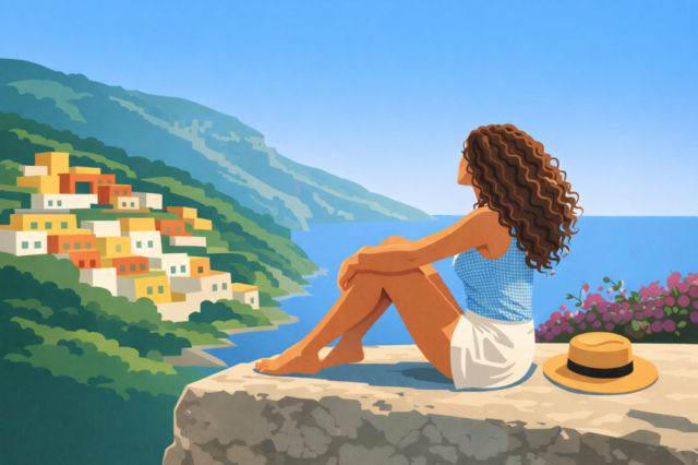 spring, woman, coastal, sea, travel, vacation, relax, village, mediterranean, nature, landscape, cliff, rock, lifestyle, minimal, flat design, vector style, outdoor, tourism, calm, escape, modern, branding, scenic, ai generated