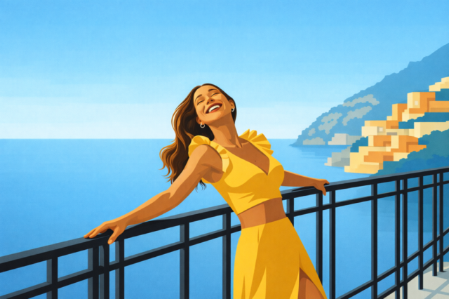 summer, woman, sea, travel, vacation, coastal, terrace, lifestyle, relax, ocean, mediterranean, minimal, flat design, vector style, warm, sunshine, tourism, escape, outdoor, nature, modern, branding, scenic, holiday, ai generated