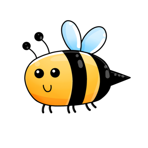 bee, cartoon, yellow, black, stripes, wings, antenna, eyes, smile, body, playful, cute, friendly, blue, minimal, charming, graphic, ten, happy, painting