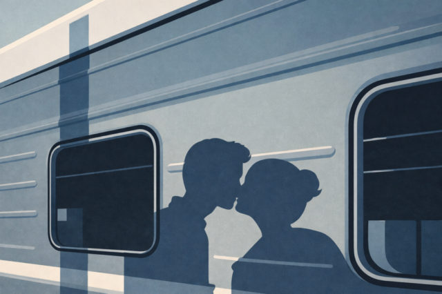 romantic couple, shadow, silhouette, kiss, love, train, travel, romance, relationship, minimal, modern, flat design, storytelling, cinematic, emotional, concept, abstract, poster, lifestyle, graphic, design, ai generated
