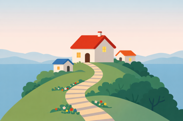spring, springtime, village, landscape, house, countryside, nature, hill, path, road, travel, minimal, beautiful wallpaper, minimalism, flat design, green, peaceful, calm, scenic, rural, outdoor, background, wallpaper, ai generated