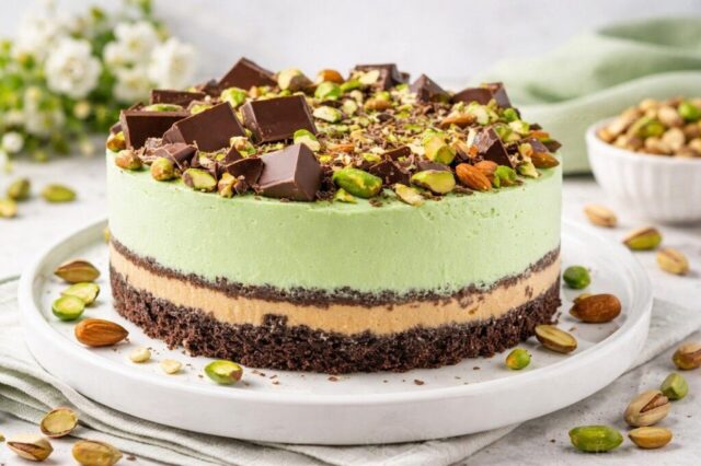 Photo by Cocodillaa.com pistachio, dessert, cake, chocolate, baked goods, decoration, green color, sweet, almonds, nuts, layer, baking inspiration, indulgent, vegetarian, gourmet, dessert plate, luxurious, baking, moist