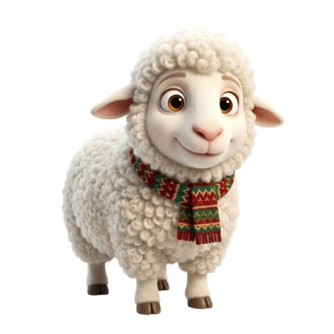 sheep, lamb, eid ul adha, cute character, islamic, mascot, winter scarf, wool texture, 3d design, festival, standing position, 3d character, cartoon style, cute animal, art, woolly, white animal, eid mubarak, graphic character
