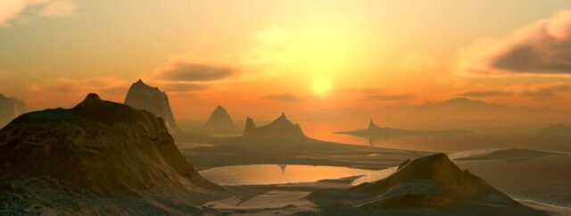 mountains, lake, sea, sunset, dusk, twilight, sky, clouds, nature, landscape, sun, haze, sunrise, idyllic, picturesque, dream, 3d