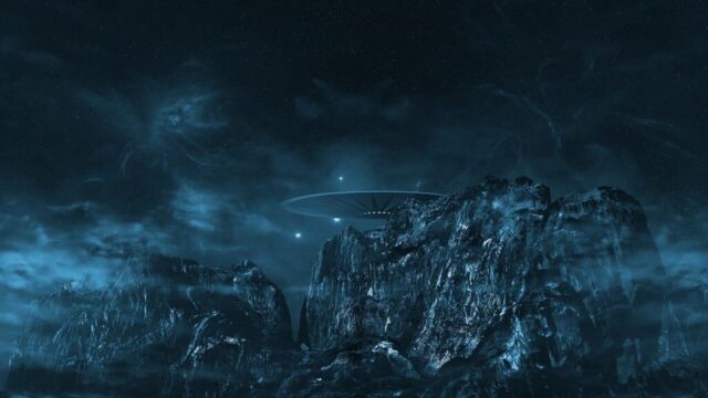 ufo, mountains, fantasy, fog, nature, cosmos, space, outer space, galaxy, universe, science fiction, sci-fi, photomontage, space wallpaper, background