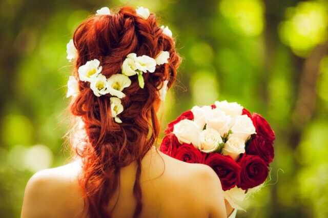 bride, wedding, redhead, red hair, floral wreath, hairstyle, flower background, beautiful flowers, flowers, marriage, flower wallpaper, decoration, nature, woman