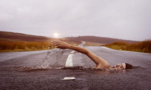 swimmer, swim, road, street, surreal, fantasy, nature, sport, water, dream, swim stroke, human, photomontage, photo manipulation