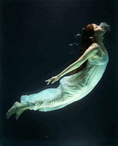 under water, fashion, woman, underwater, diving, exhaling, water, water tank, art, model, posing, concept, female, beauty, life, breath, freedom, deep, live, dress, white, dream, nature, nightmare, submerged, surge