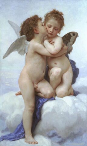 Photo by Cocodillaa.com bouguereau, first kiss, cupid, psyche, children, nature, amor, angels, wings, clouds, oil on canvas