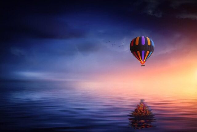 hot air balloon, lake, nature, balloon, sunset, blue, yellow, colorful, sky, clouds, reflection, floating, dream, fantasy, blue sky, blue sunset, blue clouds, blue fantasy, blue dream, blue lake, blue color