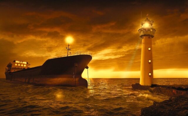 Photo by Cocodillaa.com sea, ocean, boat, lighthouse, light, sunset, sky, orange, container ship, freighter, brown sky, brown sunset, brown sea, nature, brown light, brown ocean, brown boat, brown lights