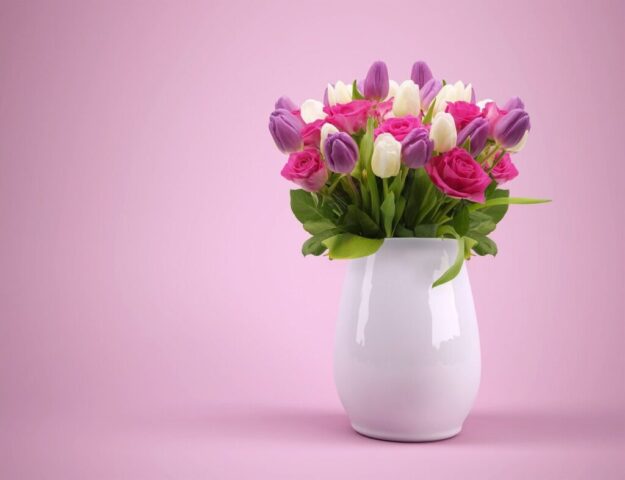 bouquet, flower background, vase, flowers, beautiful flowers, flowerpot, tulips, colorful, nature, pink, flower wallpaper, thank you, pink flower, pink color
