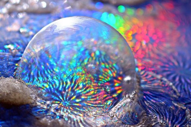 Photo by Cocodillaa.com rainbow, ice bubble, soap bubble, frozen bubble, frozen, snow, ice crystals, freeze, bubble, multicoloured, rainbow colors, nature, to dye