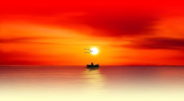 sunset, dawn, sun, nature, dusk, eve, waters, sea, silhouette, bright, heaven, mood, yellow, boat, fisherman, angler, red, atmospheric, quiet