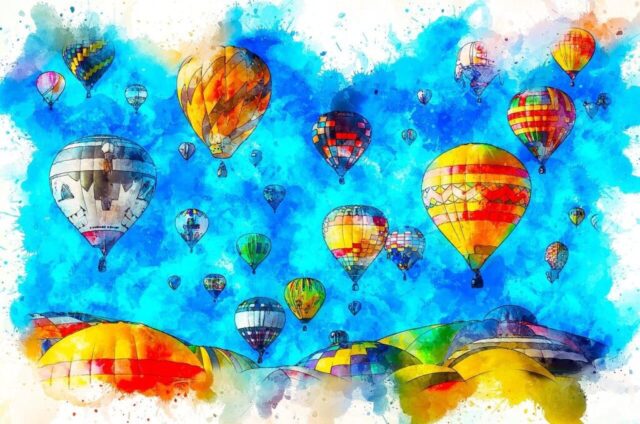 hot air balloon, sky, art, watercolor, vintage, nature, colorful, artistic, texture, design