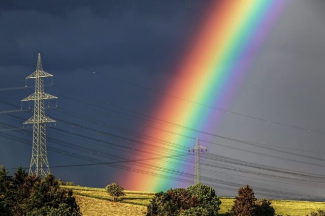 Photo by Cocodillaa.com rainbow, meadow, power pole, nature, heaven, landscape, clouds, multicoloured, gray, the trees of the field, landline, rain, sun, rainbow colors, sunshine, bright, rainbow, rainbow, rainbow, rainbow, rainbow