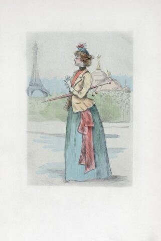 Woman in vintage attire with eiffel tower background