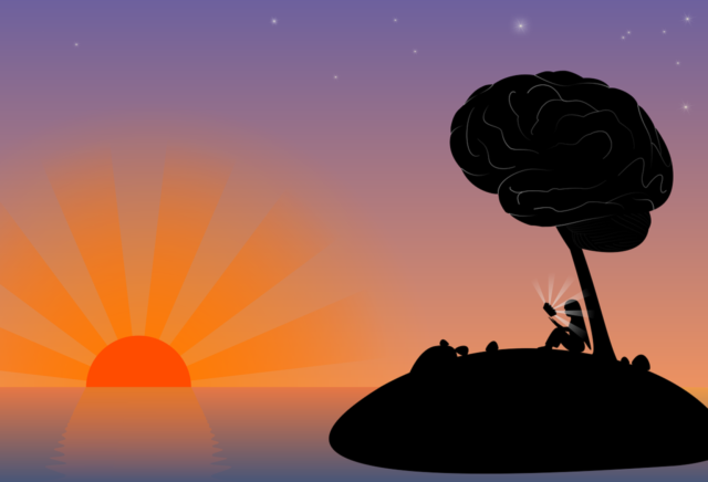 sunset, island, sea, silhouette, girl, alone, nature, tree, horizon, sun, sunlight, sun rays, ocean, dusk, imagination, dream, thinking, study, book, magic, fantasy