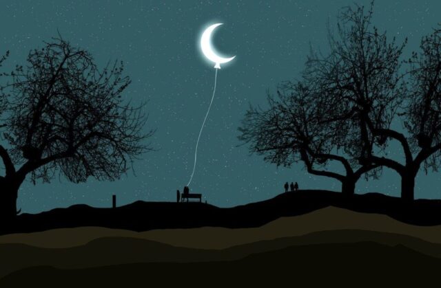 crescent, moon, balloon, night, star, moonlight, gorge, trees, leaf, sky star, sitting, girl, people, silhouette, shadow, milkyway, wallpaper, landscape, scene, dark, nature, dream art, moon, moon, moon, moon, moon, star, people, dark