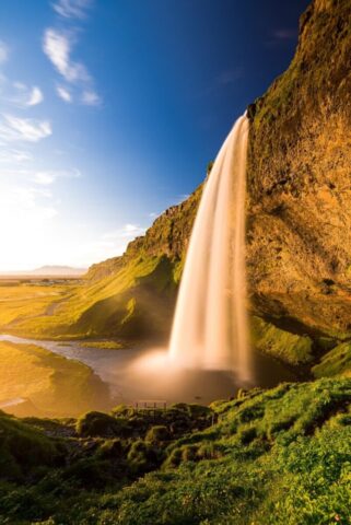 iceland, landscape, nature, water, heaven, sun, sunset, waters, waterfall, seljalandsfoss
