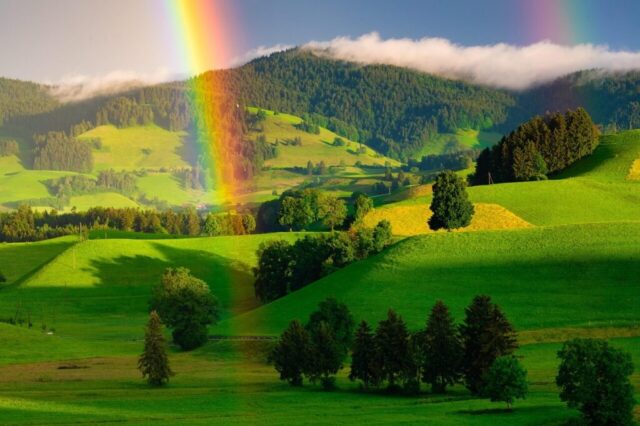 Photo by Cocodillaa.com rainbow, hills, trees, grasslands, green grass, fields, meadows, landscape, nature, rural, countryside, rainbow, rainbow, rainbow, rainbow, rainbow