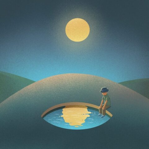 desert, lake, man, waiting, reflection, moon, moonlight, night, wandering, sand dunes, sahara, surreal, imagination, dream, nature, fantasy, painting, art