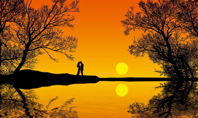 Photo by Cocodillaa.com couple, lovers, love, lake, romantic, silhouette, sunset, together, kiss, nature, reflection
