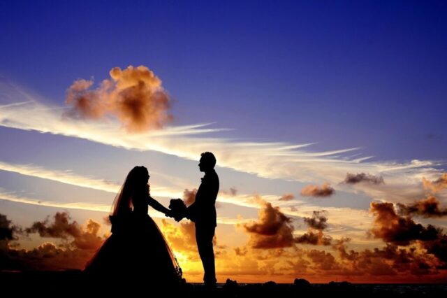 sunset, wedding, silhouettes, nature, marriage, newlyweds, bride, groom, holding hands, couple, bridal, sky, clouds, dusk, romantic, love, romance, man, woman, relationship