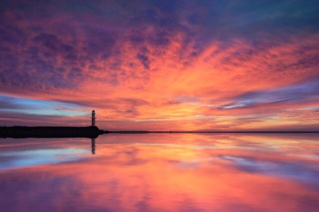 sea, lighthouse, sunset, nature, water, reflection, landscape, clouds, sky, sunlight, dusk, scenery