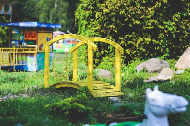 little, yellow, wooden, bridge, neon, green bridge, green neon