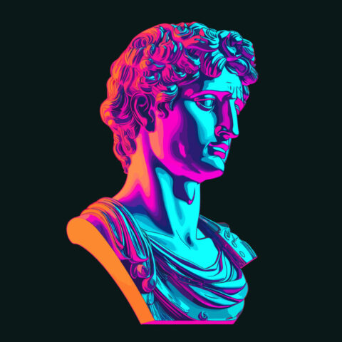 ai generated, greek, statue, vaporwave, neon, roman, music, isolated on black, vaporwave, neon, neon, neon, neon, neon