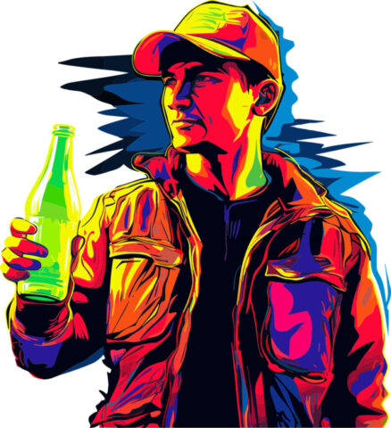 ai generated, man, person, hat, bottle, neon, colours