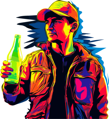 ai generated, man, person, hat, bottle, neon, colours