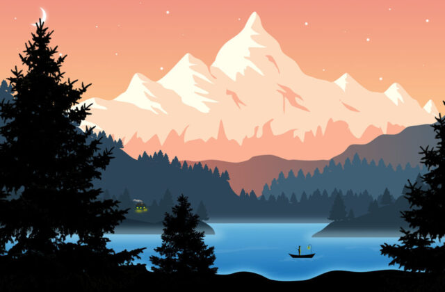 wallpaper, background, mountain, lake, trees, man, fishing, cabin, hills, stars, sunset, sunrise, nature, night, moon