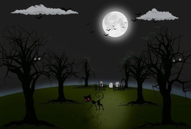 Photo by Cocodillaa.com tombstone, graveyard, nature, cemetery, hd wallpaper, black cat, halloween, moon, scary, cartoon, trees, dark clouds