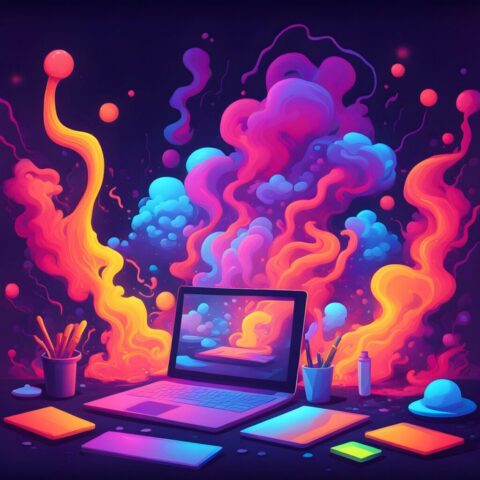 ai generated, laptop, colorful, work process, neon