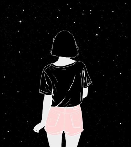 girl, woman, surreal, night, outdoors, dream, imagination, sky, night sky, nature, dark, stars, darkness, black, drawing