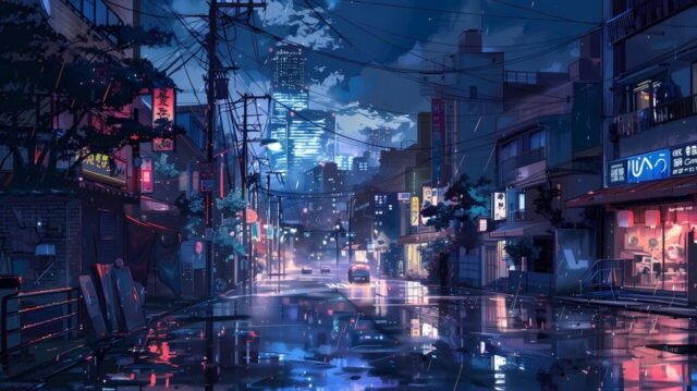 anime, nature, street, urban, nocturnal, lights, neon, buildings, city, modern, night, highlights, blue, red, japan, rain, landscape, darkness, darling, metropolis, technology, architecture, transport, reflection