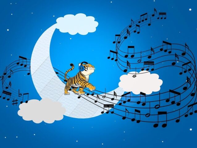 tiger, nature, music notes, paper moon, stars, clouds, design, wallpaper