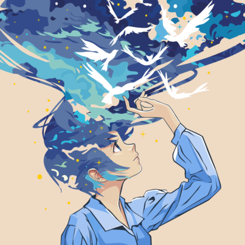 girl, blue, hair, nature, pieces, mind, fell, sky, clouds, fantasy, digital art, anime