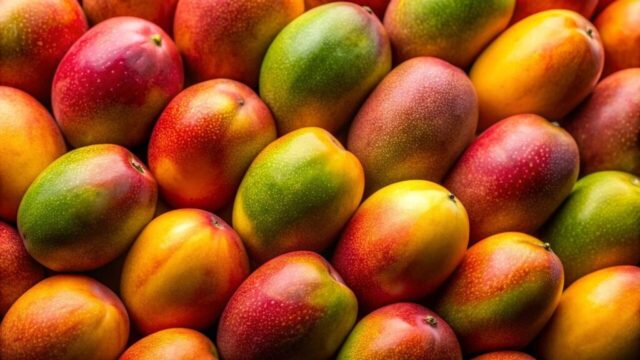 Photo by cocodillaa.com ai generated, mangoes, fruits, healthy, food, organic, delicious, fresh, pattern, background, wallpaper
