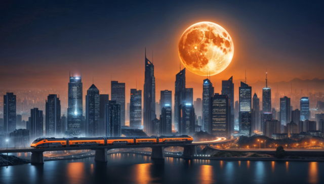 Photo by Cocodillaa.com ai generated, skyline, night, moon, city, skyscraper, fantasy, afterglow, blood moon, full moon