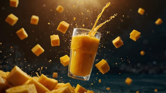 Photo by cocodillaa.com ai generated, mango, juice, fruit, healthy, fresh, sweet, smoothie, refreshment, drink, beverage