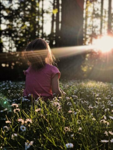 Photo by Cocodillaa.com girl sitting on daisy flowerbed in forest