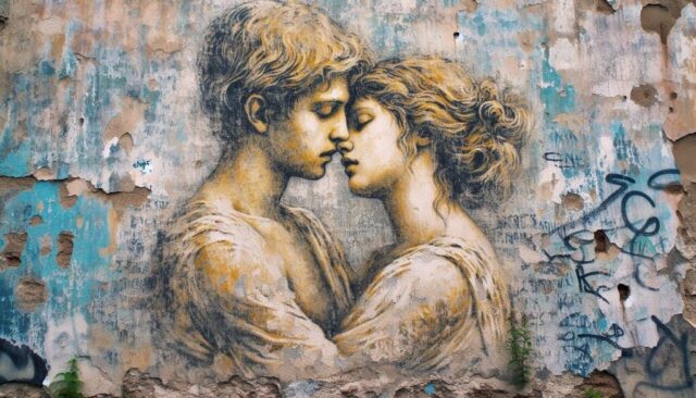 Photo by Cocodillaa.com wall art, graffiti, couple, kiss, love, broken, damaged, mural